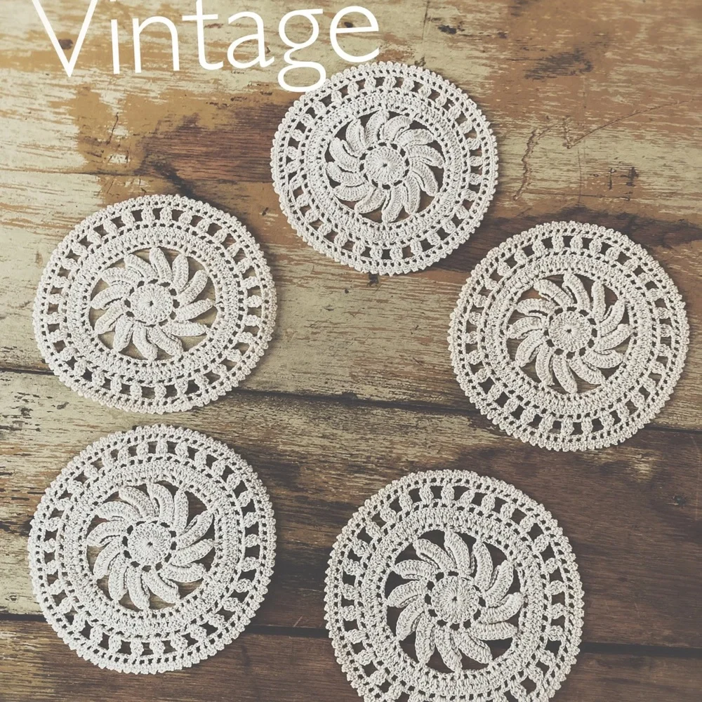 Set of 5 Vintage Hand Crocheted Coasters | Boho Ivory Table Decor